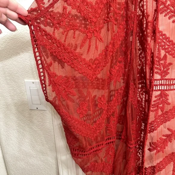 Lace Red Rust Oversized Duster Kimono One Size Fits All - Picture 7 of 8